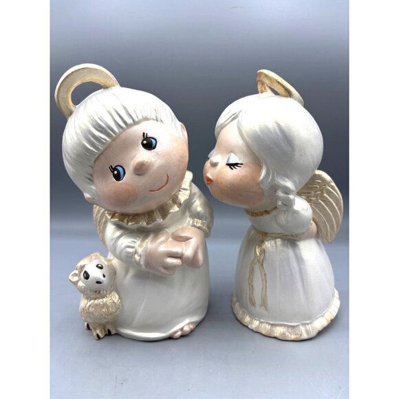 Vtg 1982 2 Pc Ceramic Kissing Angel Figurines Set Lamb Hand Painted Girl Boy - Picture 1 of 7